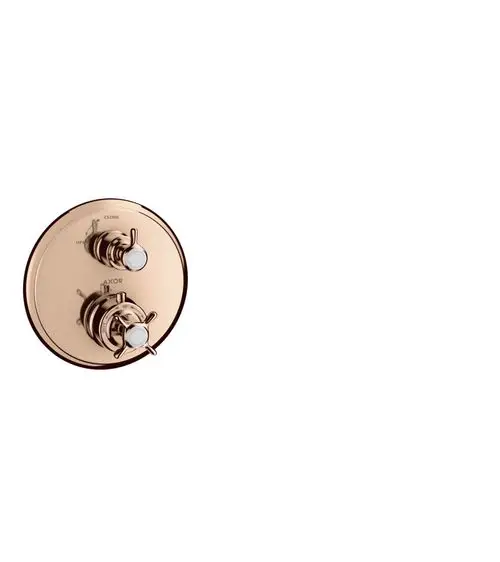 Thermostat mit zwei Drehgriffen und Absperrventil in Polished Red Gold, installierbar in der Wand, mit der Marke AXOR auf der Oberfläche.